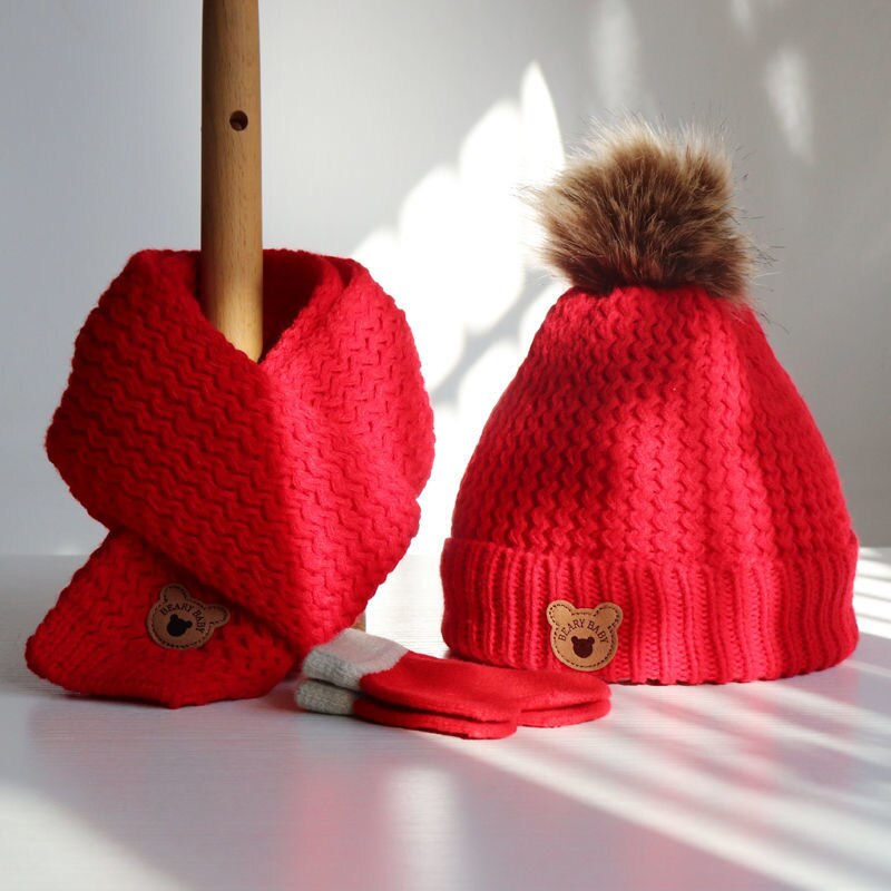 Baby hat/Scarf Autumn/Winter boy/girl hat lovely knitted wool warm hat/baby scarf set: Red / 4-12years