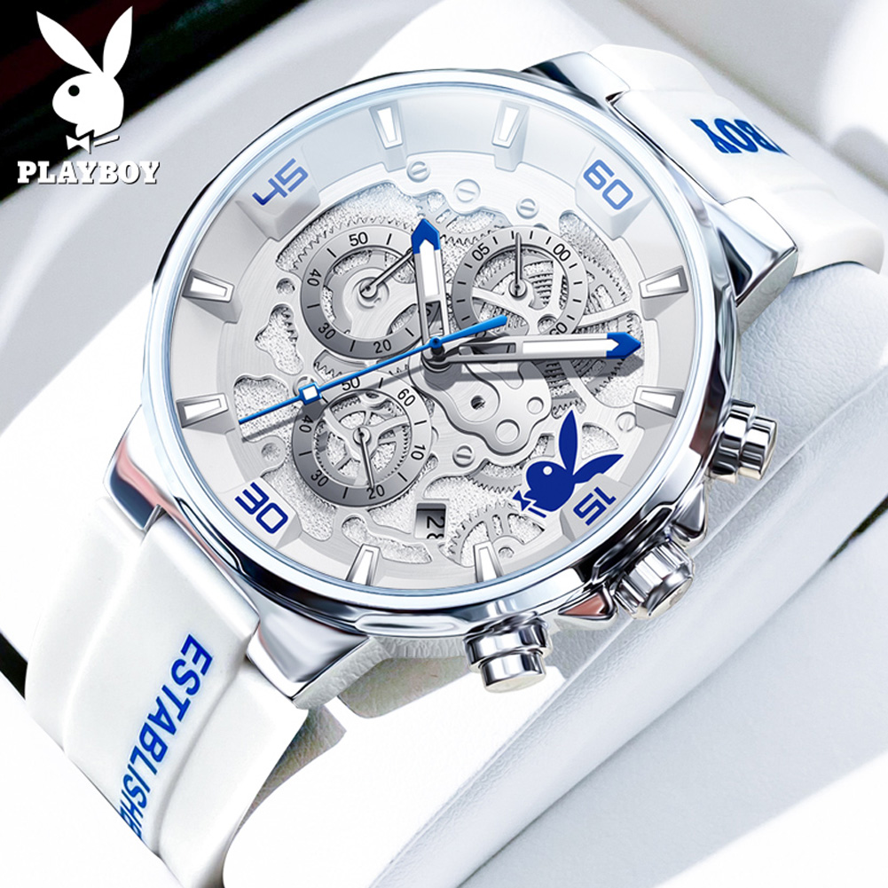 PLAYBOY, reloj de cuarzo de tendencia de la mejor para hombre, correa de silicona Original, relojes para hombre, calendario resistente al agua, reloj masculino multifunción: Blanco