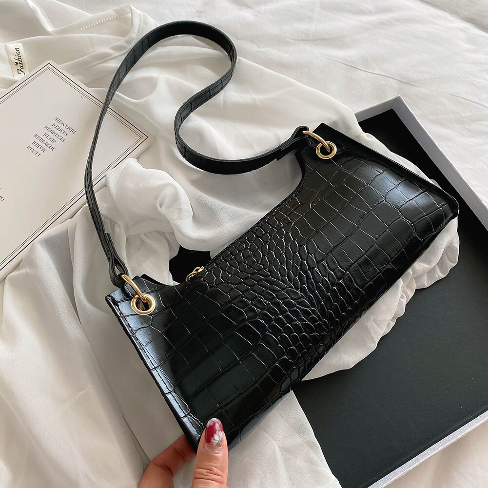 Alligator Patroon Vrouwelijke Kleine Handtas Bakken Draagbare Vrouwen Effen Kleur Pu Leather Casual Onderarm Purse Schoudertassen: Black