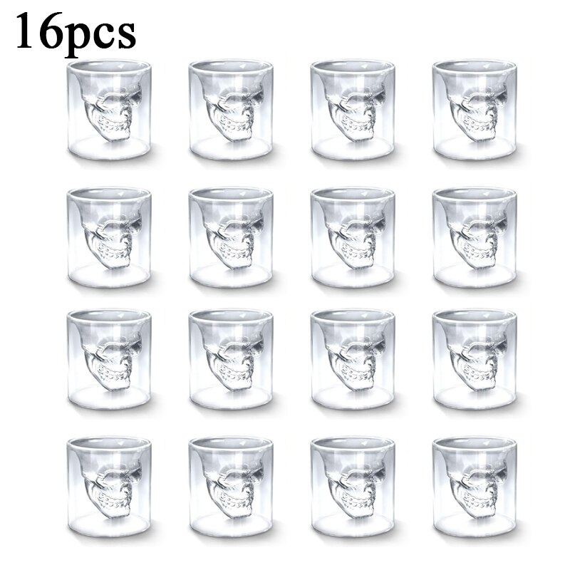 16pc Double Glass Beer Whiskey Vodka Wine Water Champagne Cocktail Wine Glass Coffee Milk Mug set 25ML Transparent Skull Cup: 16PC skull cup 25ML