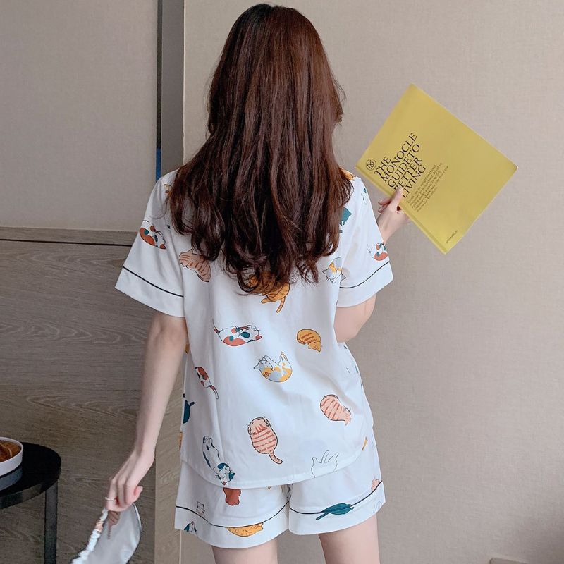 Kvinder sommer bomuld pyjamas sæt kawaii meow kat kortærmet nattøj nattøj  m7dd