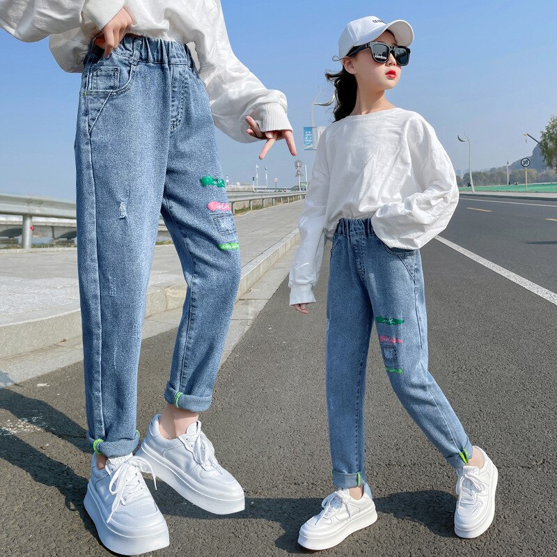 Pantalones vaqueros rasgados para adolescentes y niñas, pantalón informal de tendencia azul que combina con todo, 12, 13 y 14 años, primavera 2022