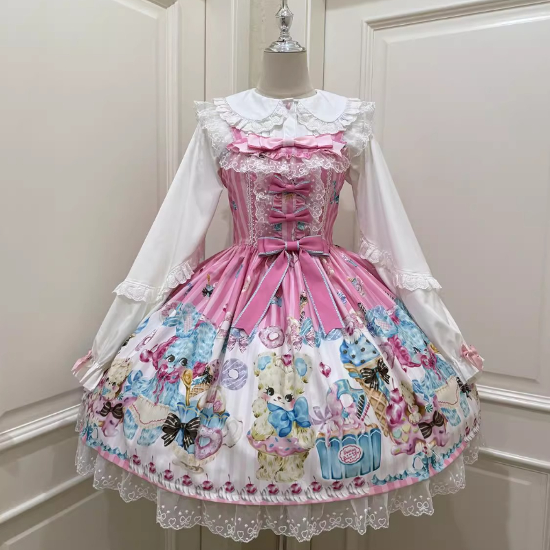 Original Japanese Lolita Suspender Dress Jsk Summer Female Sweet Cute Bow Bear Print Princess Tea Party Dress Loli Lo Dress