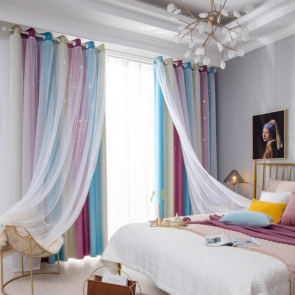 100 x 250cm romantisk regnbuefarve ren gardin pige børn soveværelse fuld mørklægning vindue gardiner hul stjerne gardin: Lilla