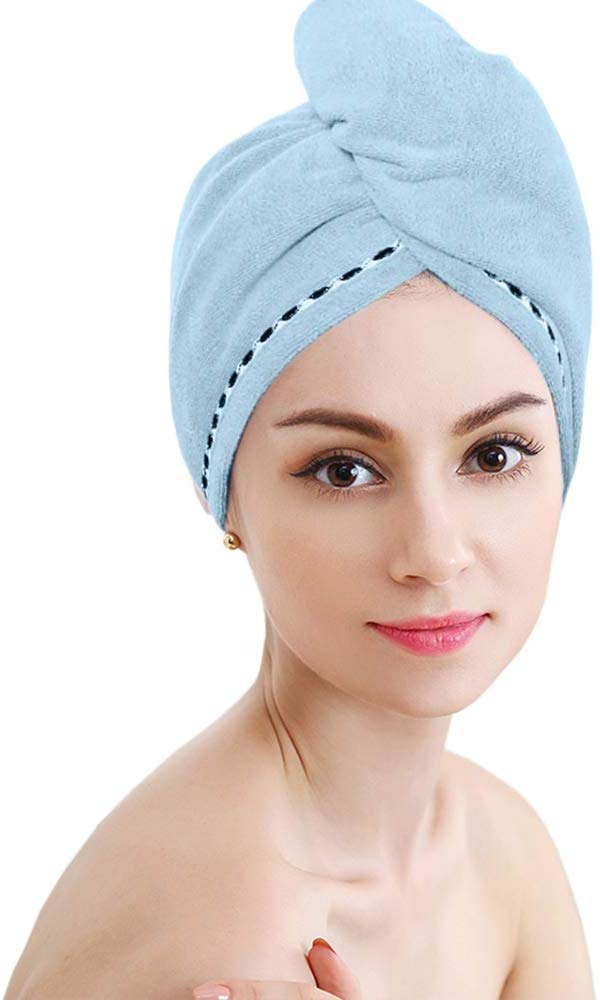 Mikrofiberhåndklæde / hårhåndklædeindpakning til kvinder, superabsorberende hurtigtørrende hårhåndklæde / turban til tørring af krøllet, langt og tykt hår: Himmelblå