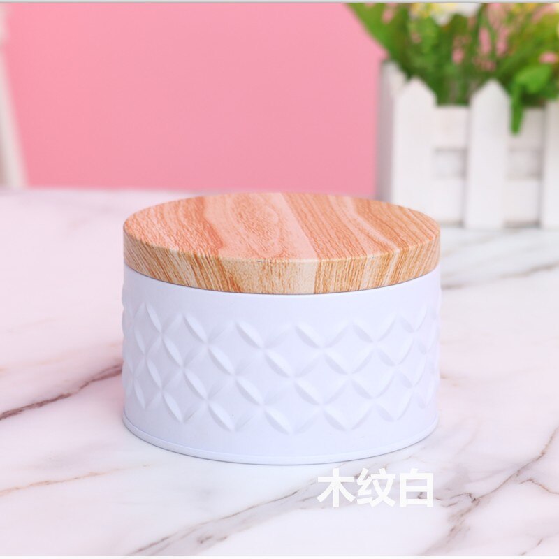 Round Empty Iron Box with Wood Grain Lid Metal Candy Storage Box Diy Candle Making Jar Coffee Tea Can Christmas Biscuit Package: white