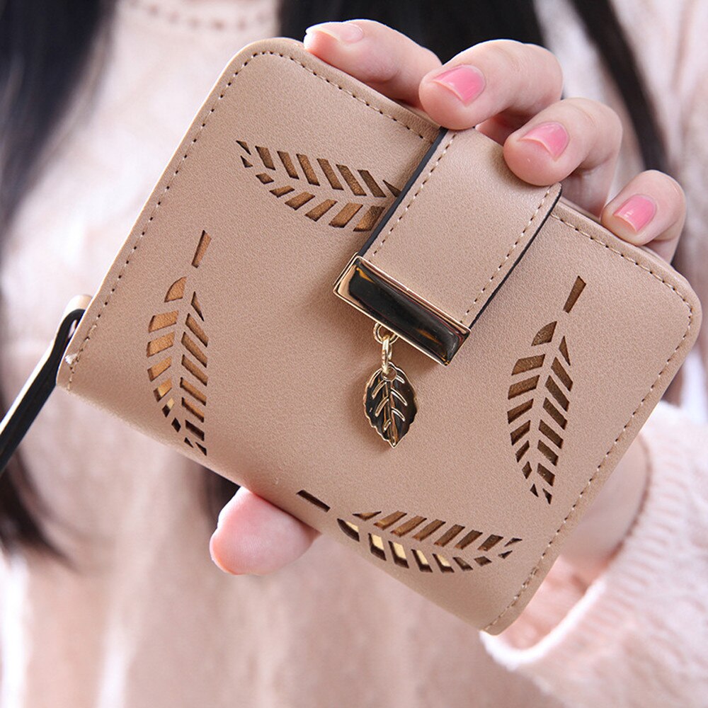 Bolsa feminina carteira bifold leaf carteira de couro titular do cartão de embreagem bolsa portafoglio donna billeteras para mujer monederos clip: Coffee 