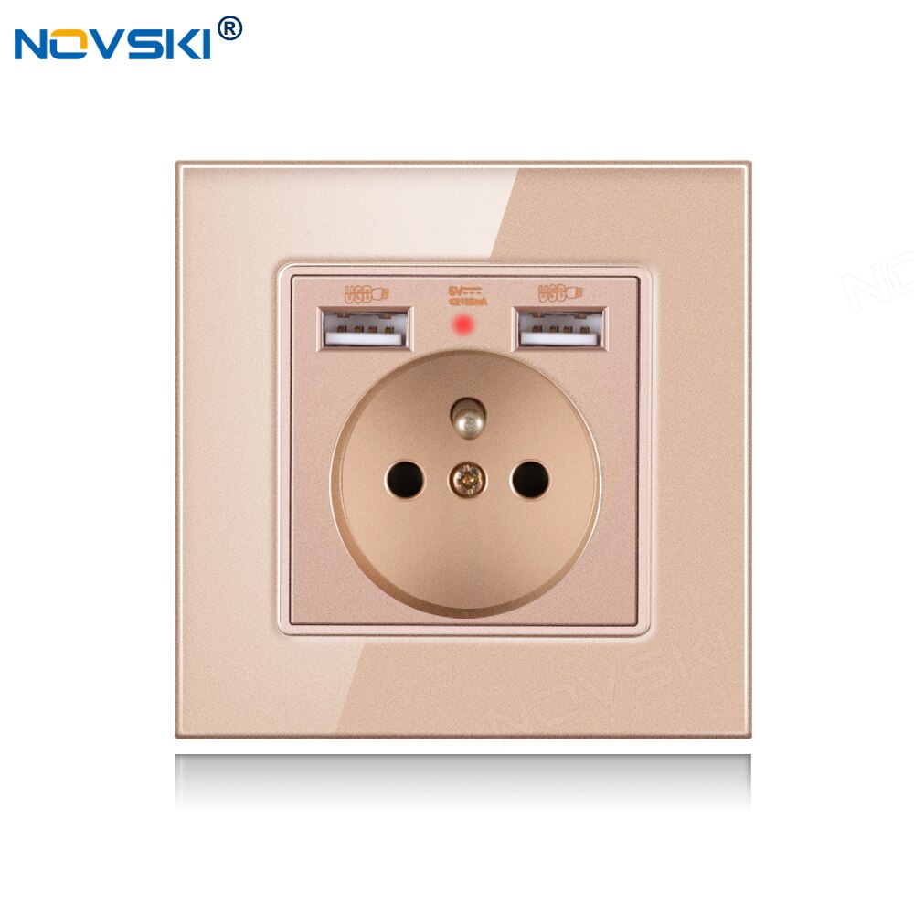 NOVSKI French Power Socket, Electrical French Outlet, 2.1A Dual USB Charging Port with Soft LED Indicator, White, Black, Gold: Crystal Glass Golden