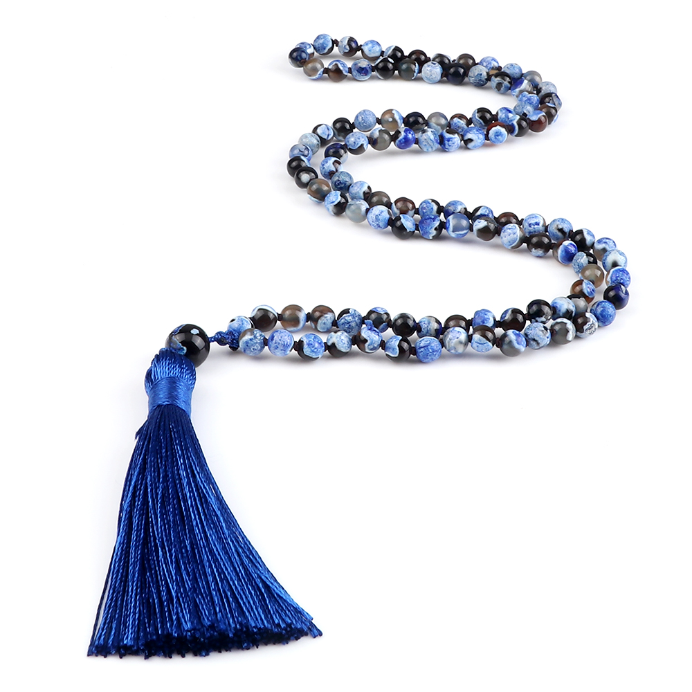 108 Beads Prayer Necklace Natural Green Stripe Onyx Stone Buddhist Buddha Meditation Bead Mala Necklace Women Men Jewelry: Blue Zinc Plated