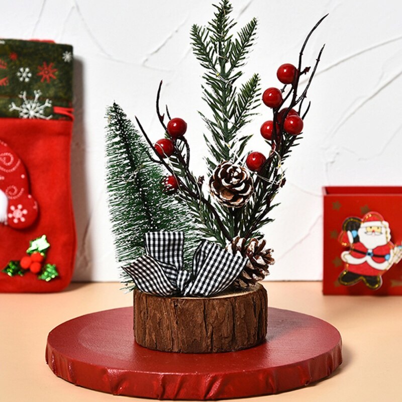 Mini Christmas Tree With Light-emitting Wooden Base Table Top Christmas Tree Pine Fruit Deer Safflower Style: B
