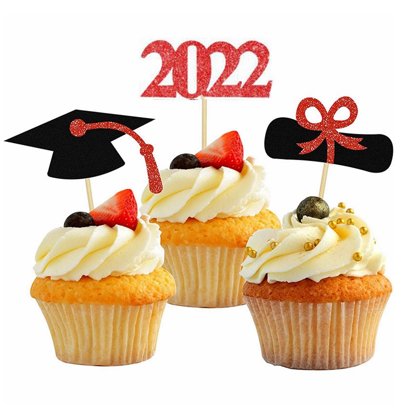 12/24pcs Graduation Party Cupcake Wrappers with Cake Topper Class Of 2022 Cupcake Topper Wrapper Cake Party Supplies Decorations: F-12pcs cake topper