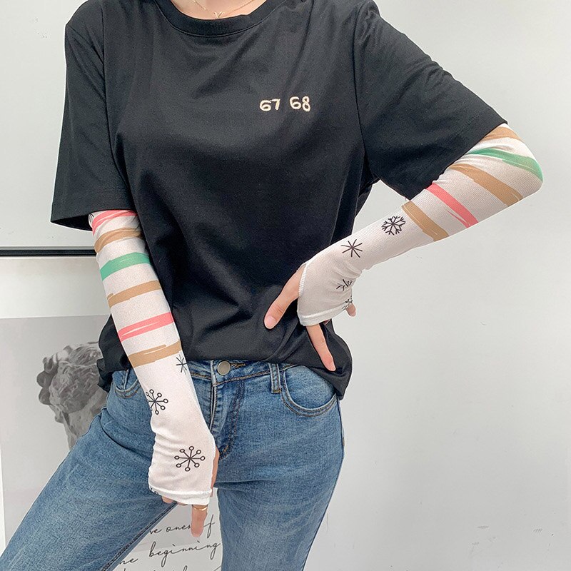 Is silke kold frugt blomster print solhandsker halvfinger fingerløse kørearmvarmere sport solcreme langærmet  c31: 6