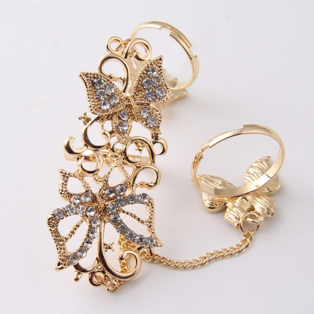 1Pc Rhinestone Bloem Vlinder Volledige Vinger Ring Goud Chian Link Dubbele Ring: Default Title