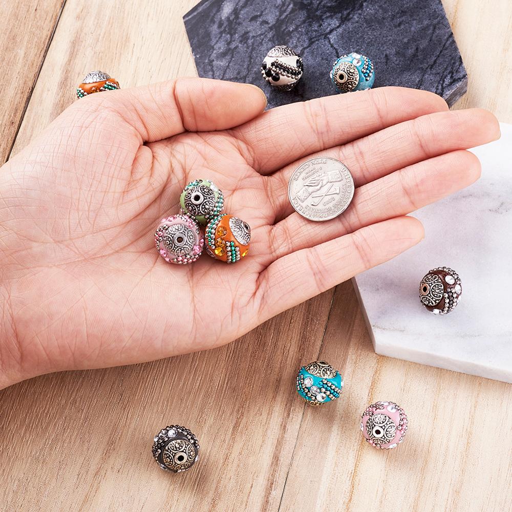 10 peças 14-15mm contas redondas soltas feitas à mão indonésia para fazer jóias pulseira diy com núcleos de liga banhados a prata antiga