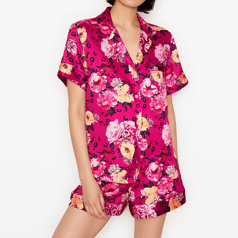 Floral Short Pajamas for Women Two Pieces Set Satin Pjs Sleepwear Kawaii Flower Print Lounge Wear Summer Home Clothes: XS