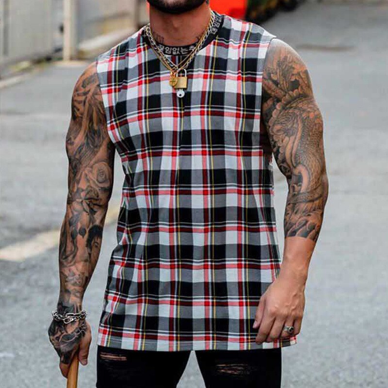 Linne för män hip hop streetwear rutig skjorta ärmlös topp med hög hals t-shirt stringer linne bodybuilding