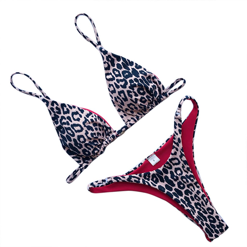 Imprimé léopard marron Beige taille haute femmes Bikini ensemble Micro string maillot de bain deux pièces rempli soutien-gorge maillots de bain vêtements de plage été: Beige / M