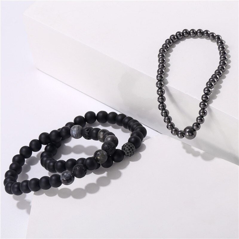 3Pcs/Set Handmade Beaded Bracelet For Men Jewelry Hematite Stone Women Men Elastic CZ Ball Bracelet Sets