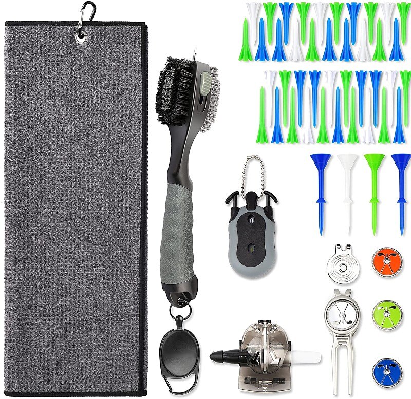 Deluxe Golf Accessories Set (10 in 1) | Come Golf Brush,Golf Towel,Divot Tool,Ball Liner,Score Counter,Golf Tees,Cap Clip And Ba: Dark Grey
