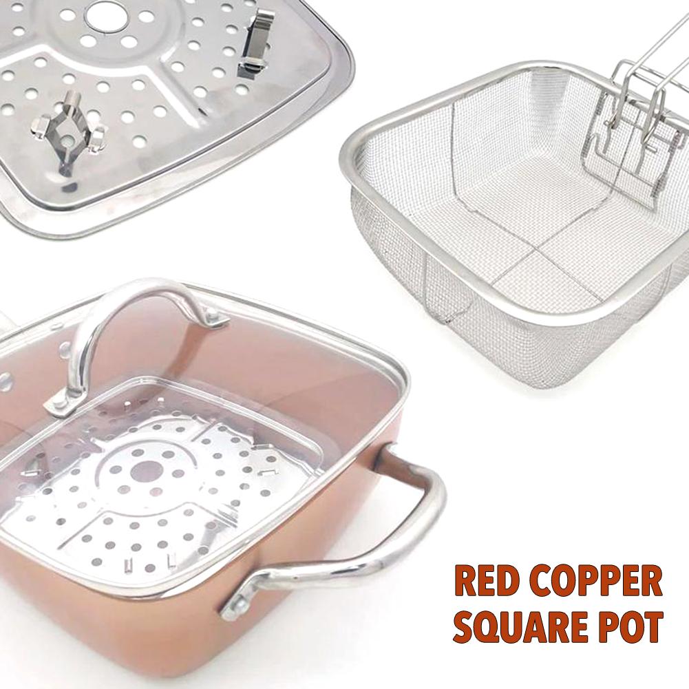 Cuivre rouge Carré Pot antiadhésif Poêle À Frire En Céramique Avec Couvercle Vapeur Marmite Cuisine Cuisson Cuisson Ustensiles De Cuisine