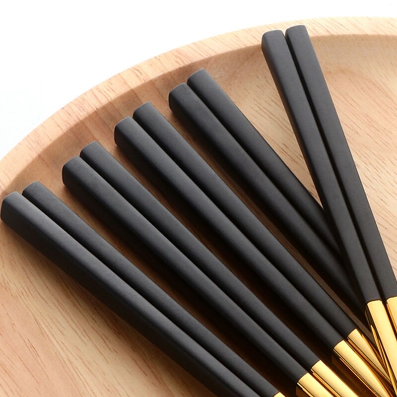 5 Pairs Chopsticks Stainless Steel Chinese Gold Set Black Metal Chop Sticks Set Used for Sushi Dinnerware
