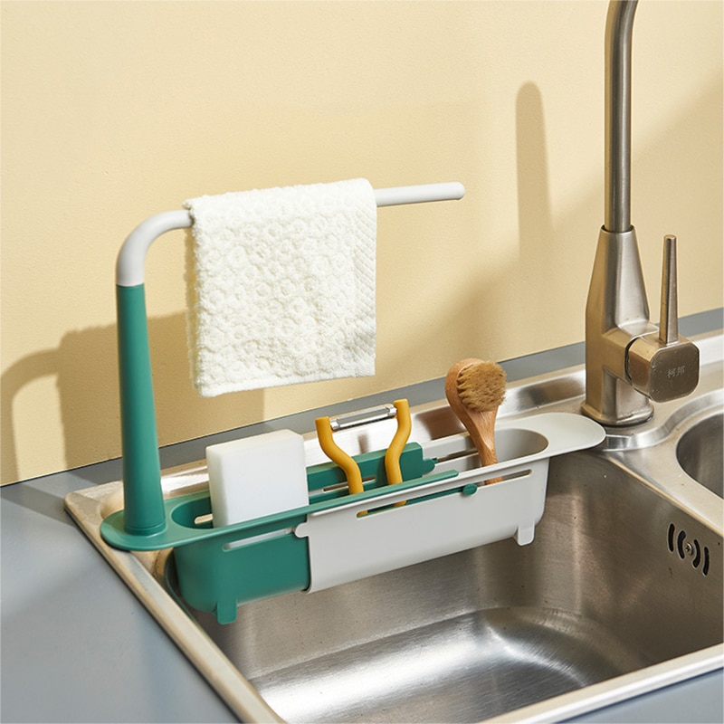 Telescopic Sink Shelf Kitchen Sinks Organizer Soap Towel Sponge Holder Drain Rack Storage Basket Gadgets Accessories