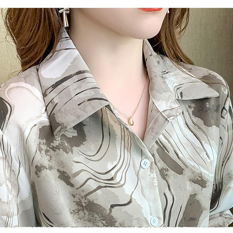 Spring Autumn Lapel Vintage Tie Dye Blouse Femme Long Sleeve Single Breasted Print Chiffon Shirt All-match Casual Blusa
