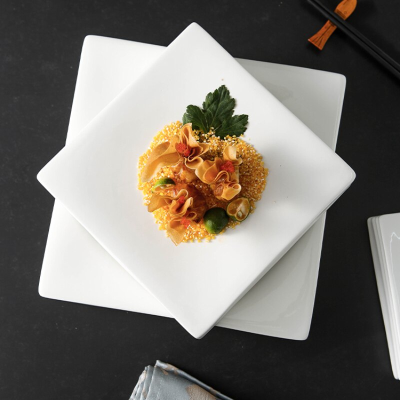 Pure White Square Cake Snack Ceramic Plate Horizontal Stripe Square Column Hotel Steak Plate Restaurant Special Tableware Plate