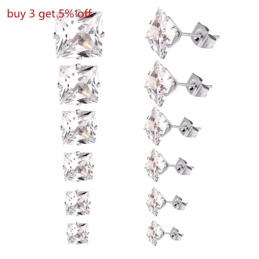 Luxukisskids Stud Oorbellen 10 Paren/partij Maat 3Mm Tot 10Mm Brilliant Vierkant Cut Zirconia Rvs Oorbel