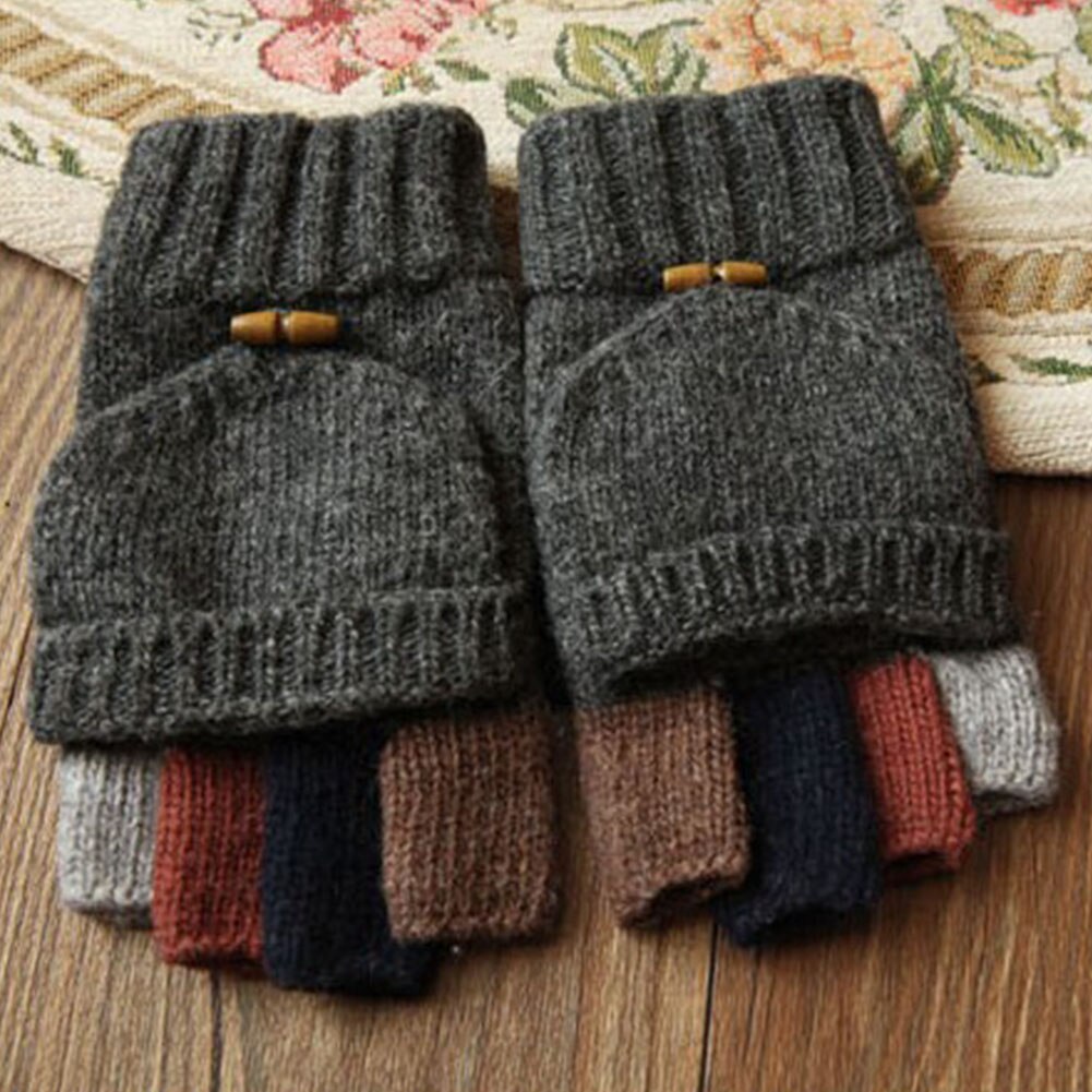 Mittens Stitching Color With Flip Top Knitted Men Gloves Outdoor Sports Cycling Warm Half Finger Winter Thickened Hiking