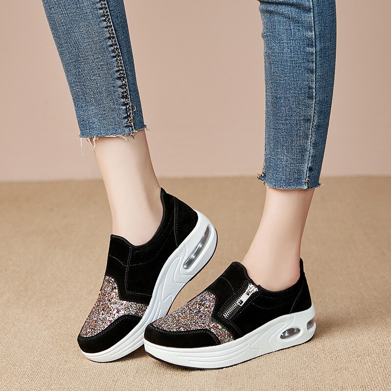 Dam kristall sneakers vår höst ledig dragkedja platta skor kvinnor halkfria ventilerande utomhus vukaniserade skor dragkedja platt sko