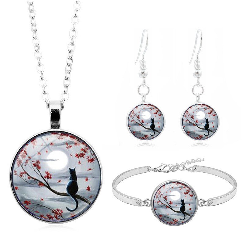 Maan En Kat Art Foto Sieraden Set Cabochon Glas Hanger Ketting Oorbel Armband Totaal 4 Stuks Voor Vrouwen Mode party
