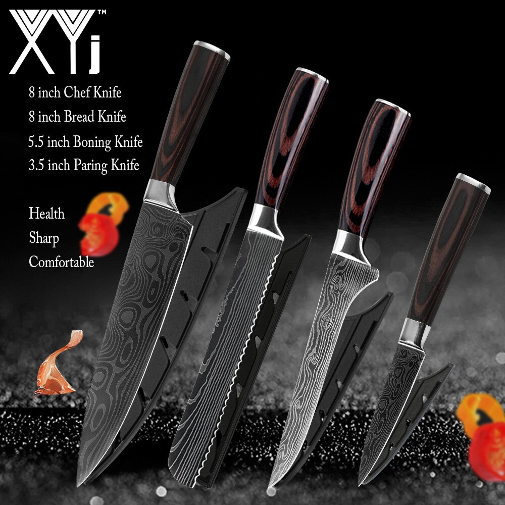 Japanse Keuken Mes Set Mes Covers Uitbenen Brood Eviscerate Gesneden Fruit Scherpe Nut Santoku Damascus Patroon Koken: 4 Pcs  Value set 02