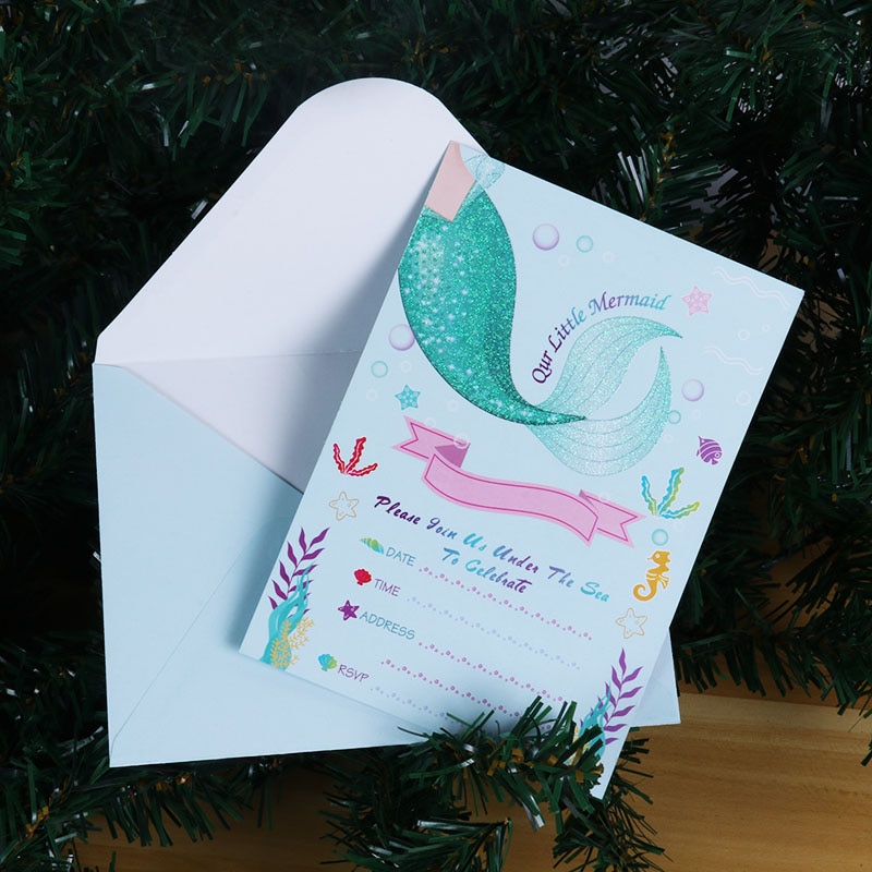 8pcs Little Mermaid Party Invitation Cards Invited Envelopes Baby Shower Girl Birthday Party Decorations Mermaid Tail Cards