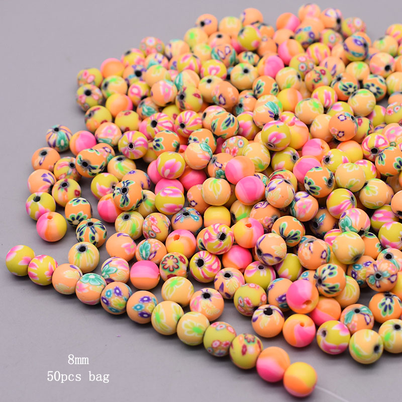 Cuentas de arcilla polimérica de 6/8/10mm, cuentas con estampado de flores, cuentas redondas sueltas para hacer joyería, pulsera DIY: Plata