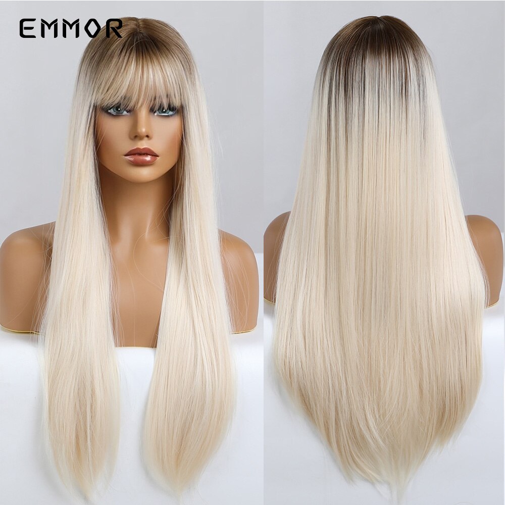 Emmor Synthetic Black Root Ombre Light Golden Blonde Straight Hair Wigs with Bangs High Temperature Cosplay Daily Wig for Women: EM5217