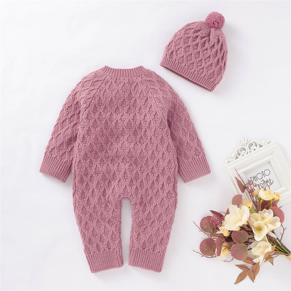 Focusnorm 0-18M Winter Baby Meisjes Jongens Trui Rompertjes Lange Mouwen Single Breasted Solid Warm Jumpsuits Hoeden