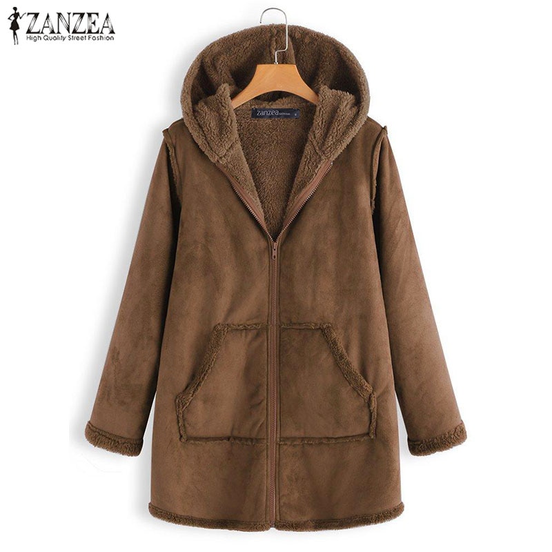 Plus Size Jassen vrouwen Casual Jassen ZANZEA Winter Warme Voering Vest Bovenkleding Hooded Lange Mouwen Rits Tops 5XL: Coffee / S