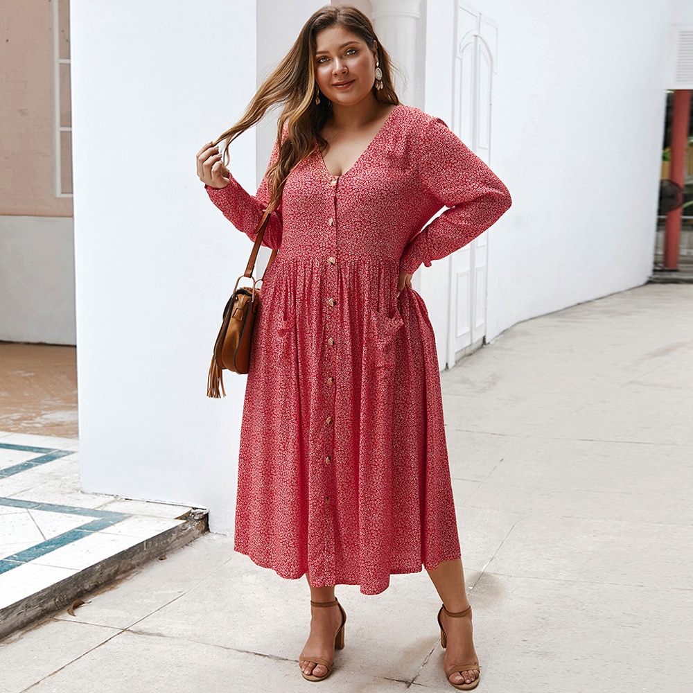 Mode Vrouwen Zomer Lange Mouw Jurk Plus Size V-hals Bloemenprint Knoppen Casual Jurk Zakken Maxi Lange Jurken: Rood / 4XL