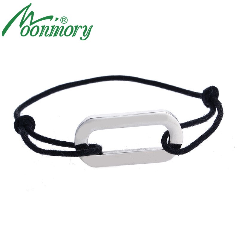 Moonmory France Style S925 Sterling Silver Rectangle Bracelet With Black Rope Bracelets For Women and Men Length Adjustable