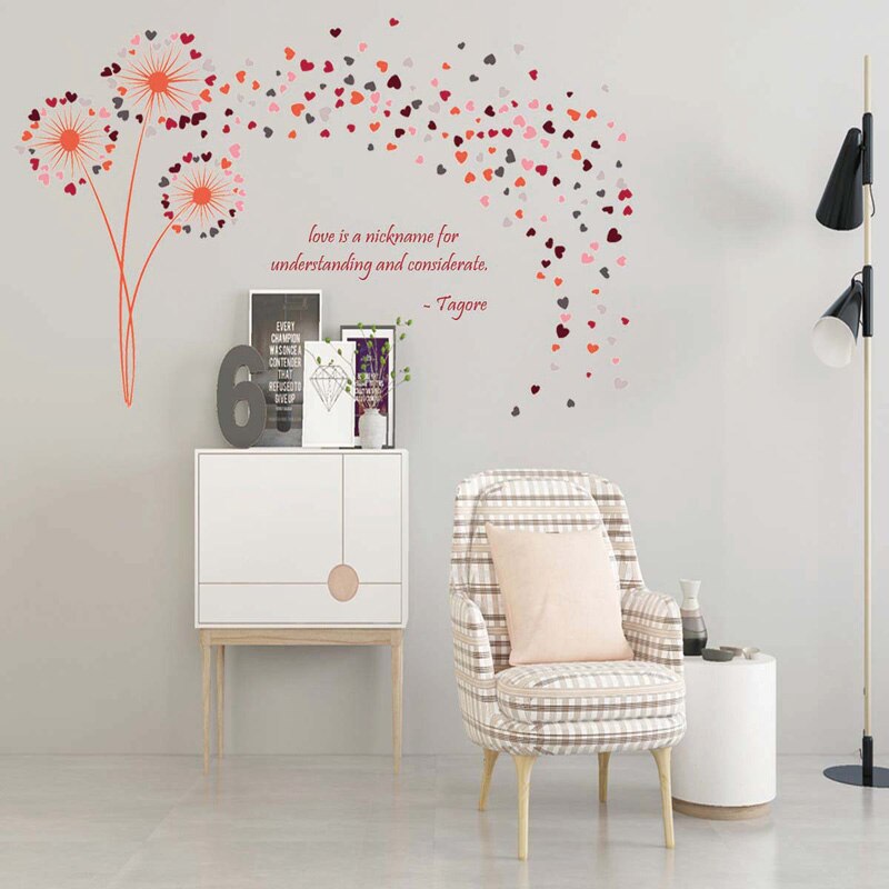 Muursticker met paardenbloem in de vorm van een hart in de vorm van een veelkleurige roos voor een bruiloft, romantische decoratie voor thuis, muurschilderingen, paardenbloemstickers