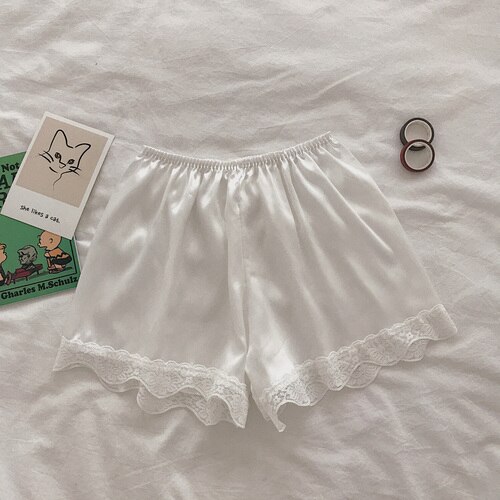 Sleep Bottoms Women Lace Solid Pajama Shorts Girls Summer Sleepwear Breathable Safety Outwear Sweet Students Thin Lounge Wear: white-big lace