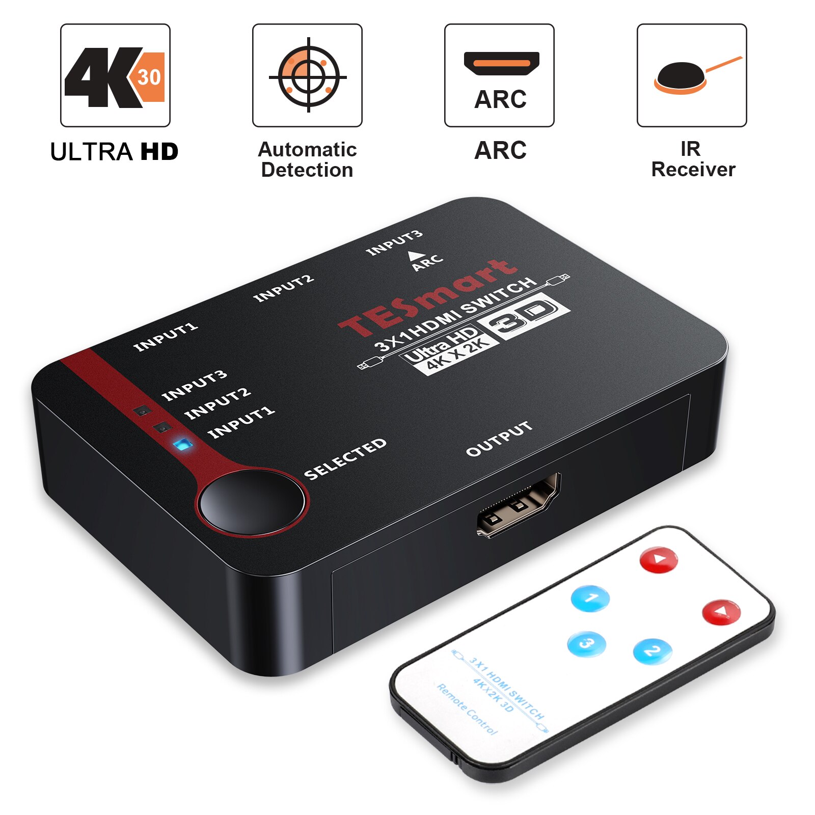HDMI Switch, TESmart Intelligent 3x1Port HDMI Switch/Switcher, Splitter, Supports 4K, Full HD1080P, 3D with IR Remote: Black (With Remote)
