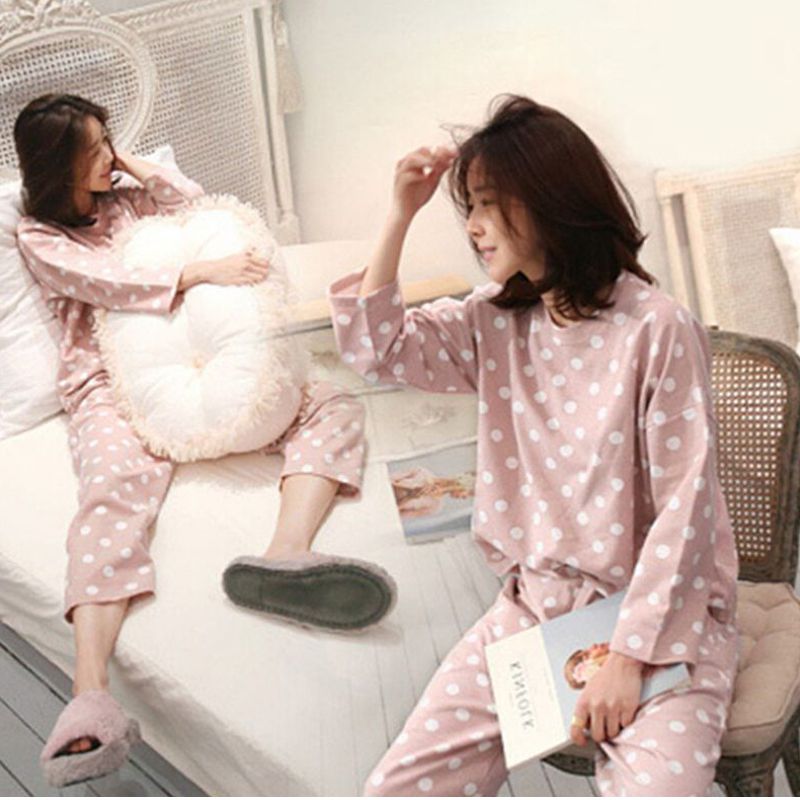 Women Sleepwear Ladies Cute Autumn Cute Polka Dot Print Long Sleeve Pyjamas Set Top Trousers Pajamas M-2XL