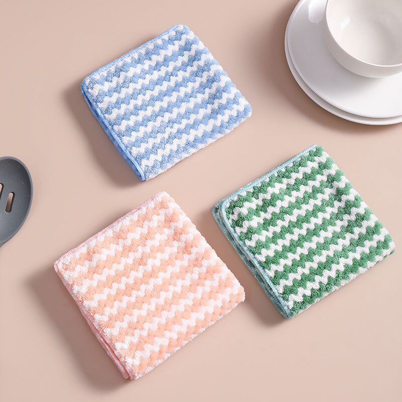 Household Super Absorbent Microfiber Towel Toad Kitchen Cleaning Towel Thicken Wave Stripes Coral Fleece
