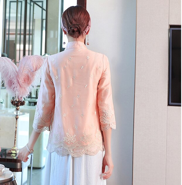 Blusa estilo Cheongsam Vintage para mujer, ropa china con bordado de manga 3/4, para primavera y otoño