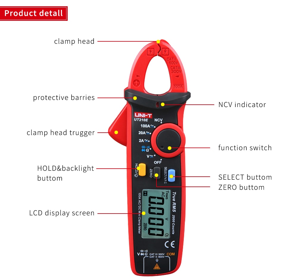 UNI-T UT210E True RMS Mini Digital Clamp Meters AC/DC Current Voltage Auto Range VFC Capacitance Non Contact Multimeter Diode