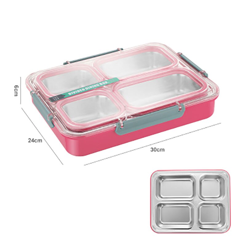 Oneup 304 Roestvrij Staal Lunchbox Compartiment Bento Box Keuken Lekvrije Voedsel Container Compartiment Student Kinderen Gebruik: Pink 4 grid