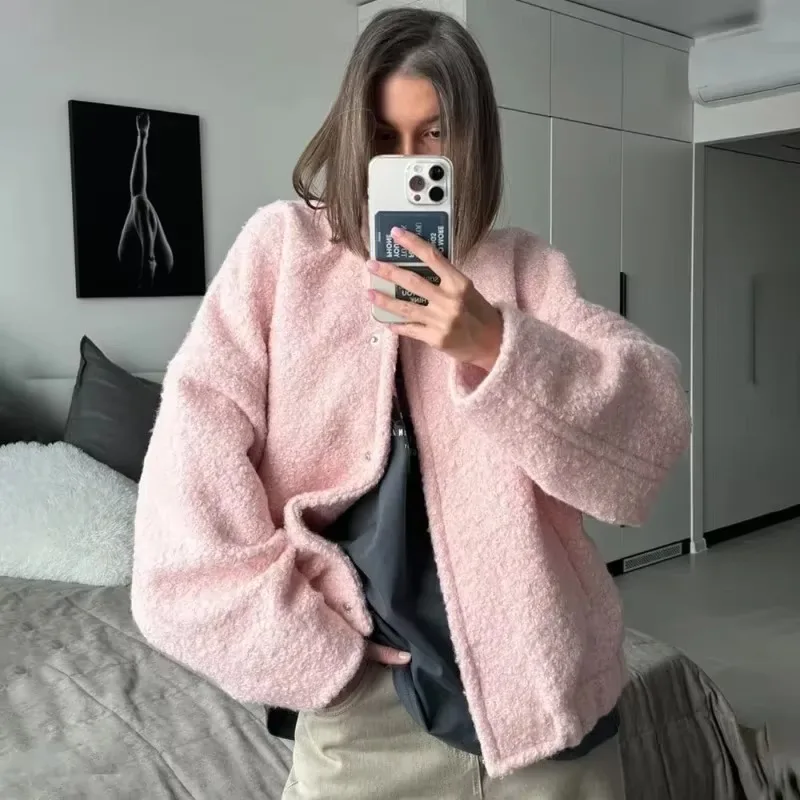 Tuularose höstpälsjacka dam rosa lös långärmad förtjockad kappa avslappnad standkrage knapp varm jacka dam