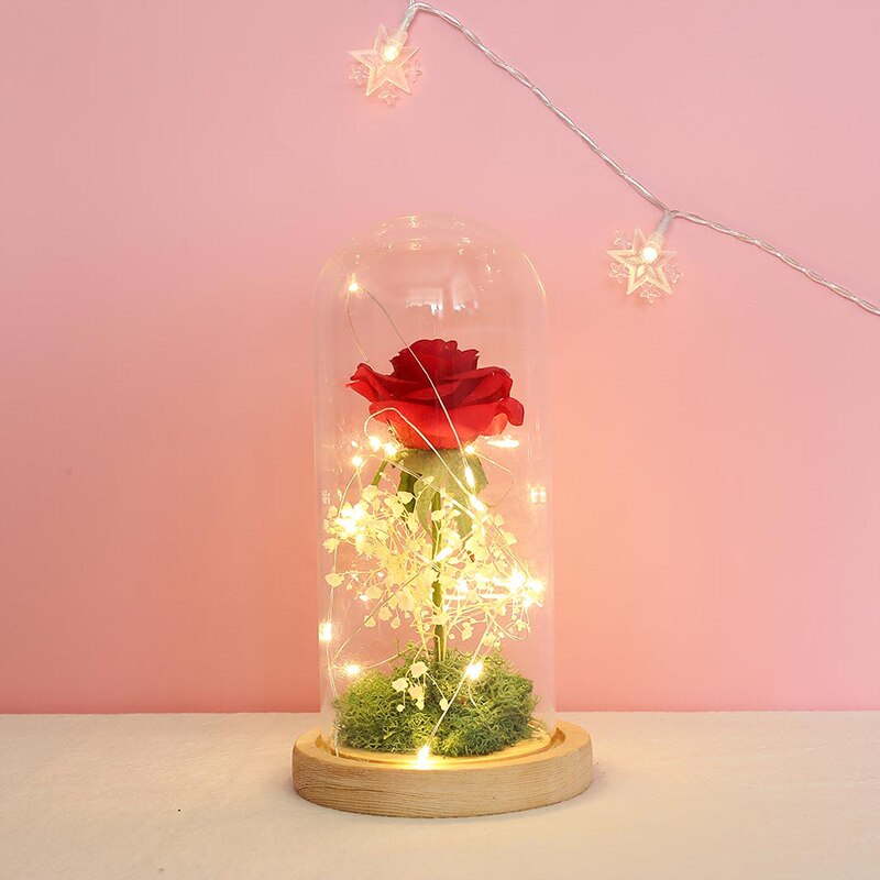 Artificial Eternal Rose LED Light Beauty The Beast Rose Flower In Glass Dome Wooden Base For Decorate Valentine's Day: XOI1074A